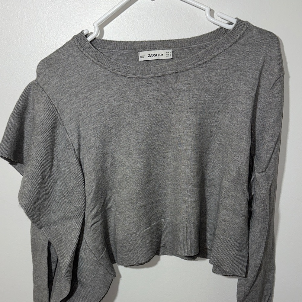 Zara Cropped Gray Side Ruffle Sweater Size Small